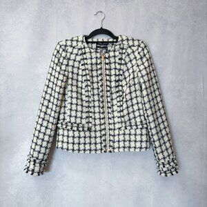 Karl Lagerfeld Paris Woven Jacket Tweed Zip Up Dress Blazer Zipper Cuffs Size 4